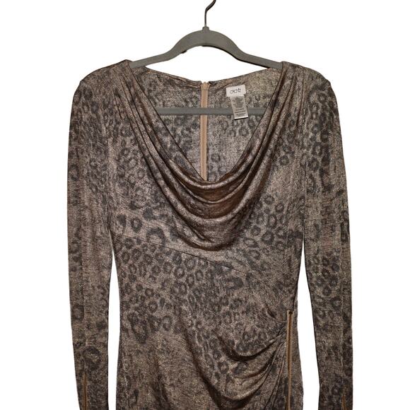 CACHE $178 Gold Gray Shimmer Animal Print Cowl Neck Sheath Dress Small - Picture 3 of 4